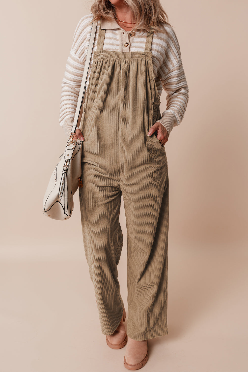 Gray Morn Plain Pocketed Loose Fit Corduroy Overalls