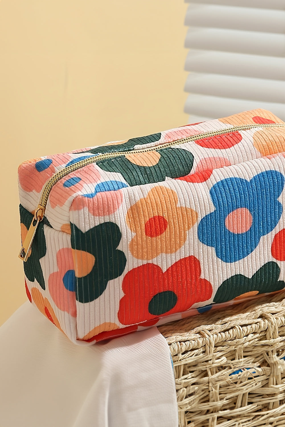 White Cute Flower Print Zipper Square Corduroy Cosmetic Bag