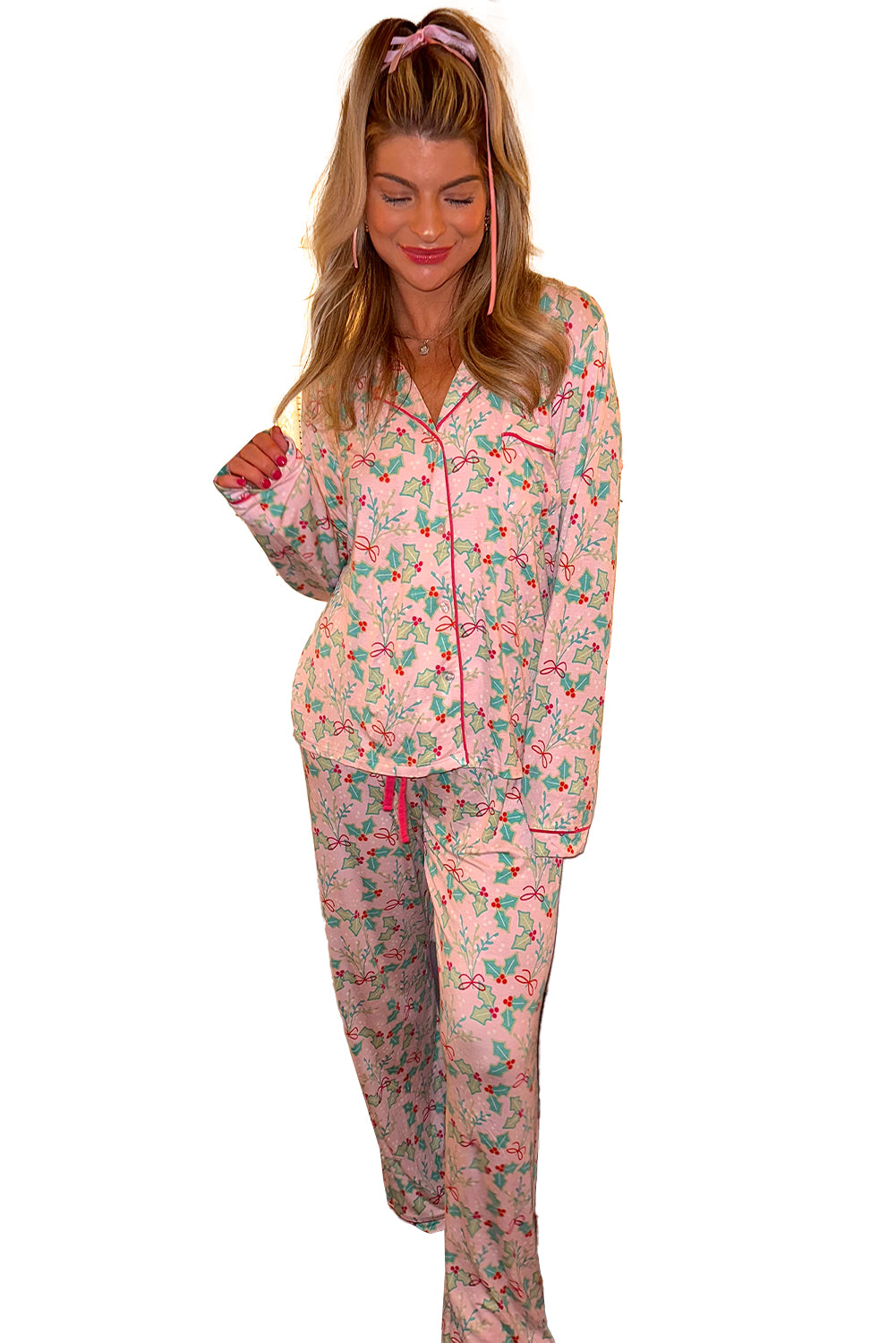 Multicolour Christmas Floral Long Sleeve Shirt and Pants Pajama Set