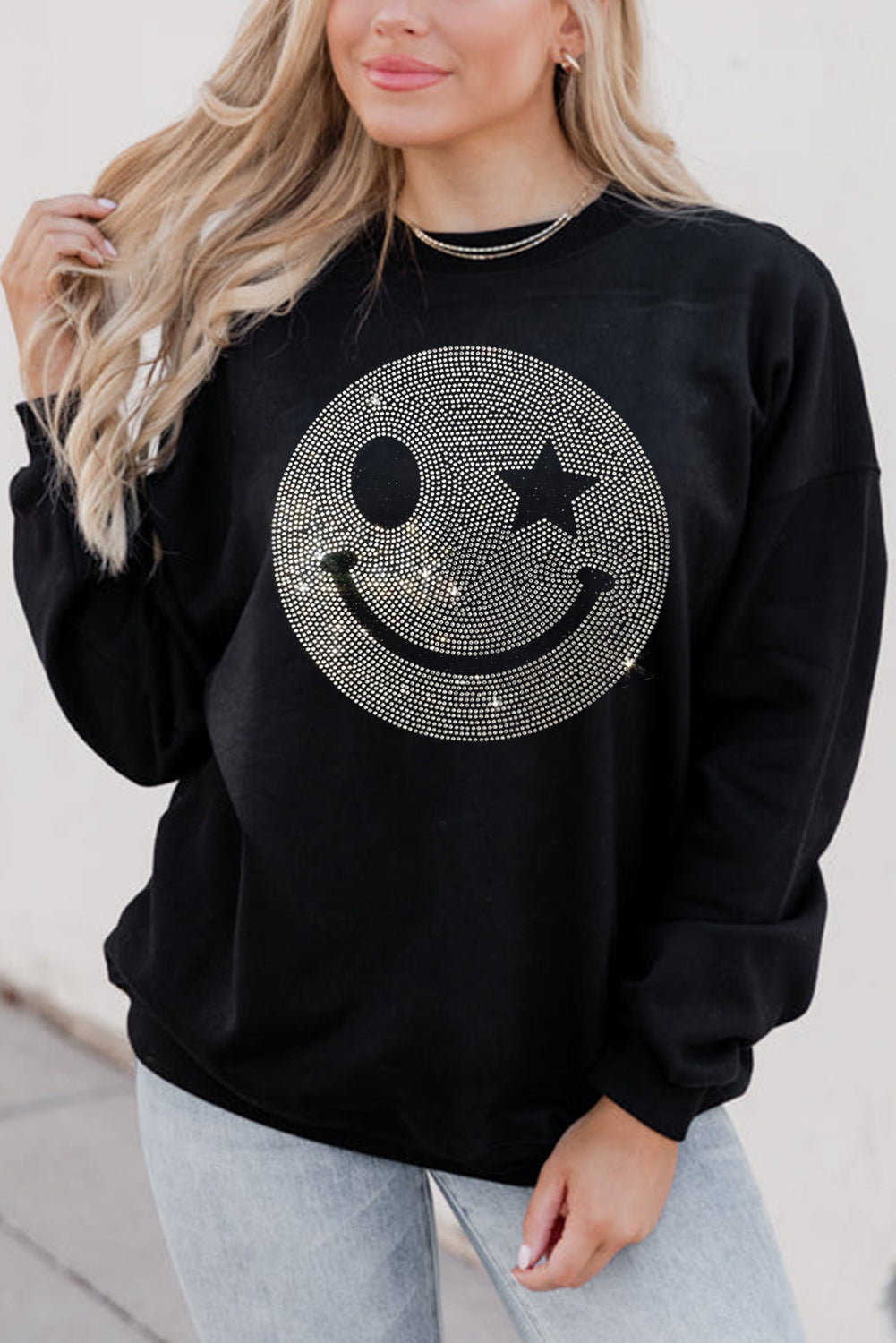 Valerian Rhinestoned Smile Graphic Crew Neck Sweatshirt