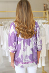 Purple Floral V-Neck Bubble Sleeve Blouse