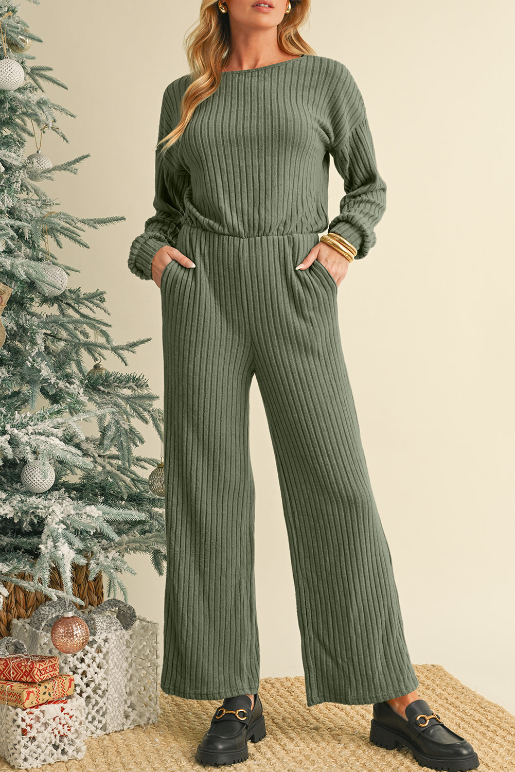 Laurel Green Solid Ribbed Knit Keyhole Back High Waist Jumpsuit