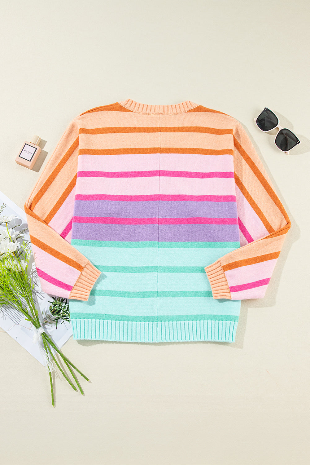 Yellow Striped Ribbed Edge Gradient Loose Sweater