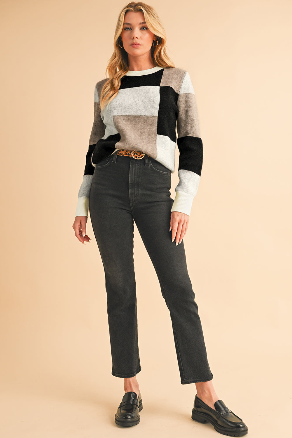 Black Checkered Colorblock Round Neck Knit Sweater