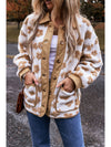 Light French Beige Cute Flower Pattern Button Up Fleece Jacket