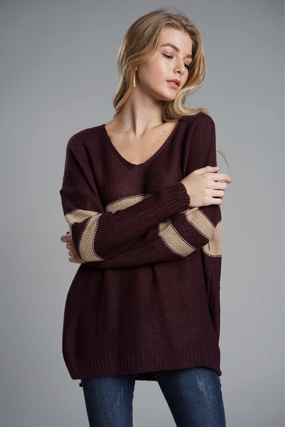 Slit Contrast V-Neck Long Sleeve Sweater