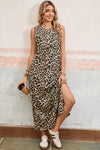 Black Contrast Striped Trim Leopard Sleeveless Midi Dress