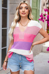 Pink Colorblock Notch V Neck Knit T Shirt