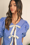 Blue Stripe Bow Tie Front Puff Short Sleeve Blouse