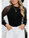 Black Basic Crew Neck Dressy Striped Mesh Long Sleeve Top