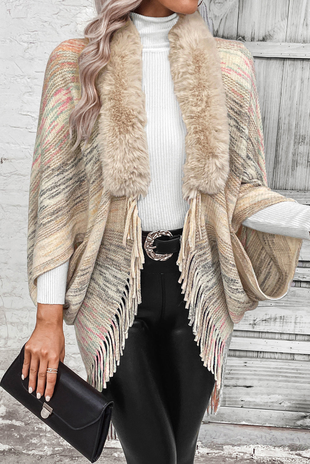 Apricot Stripe Fur Collar Tassel Hem Sweater Cape