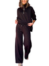 Black Zipper Stand Neck Top and Wide Leg Pants Set