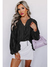 Black Textured Bubble Sleeve V Neck Loose Blouse