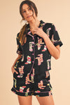 Black Boots Print Button-up Shirt and Shorts Pajama Set