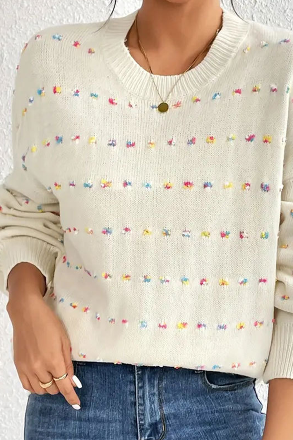 Beige Striped Swiss Dot Knitted Sweater