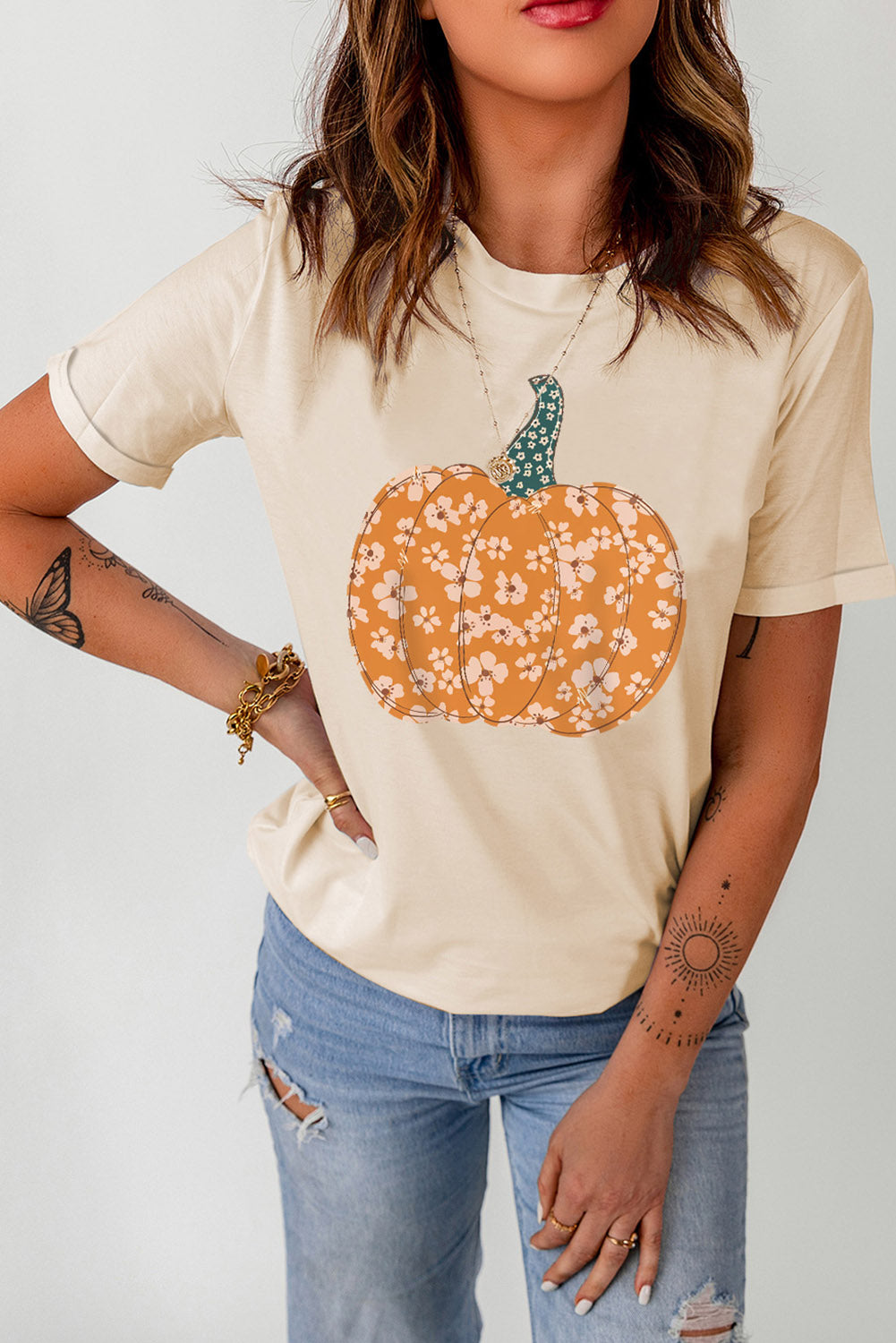 Khaki Sweet Floral Pumpkin Graphic Tee