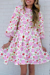 Pink Floral Print Striped Trim Flowy Mini Dress