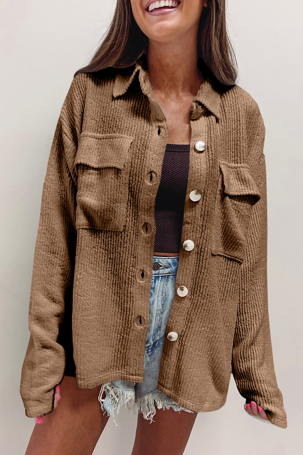 Apricot Plain Rib Textured Pocket Button Jacket