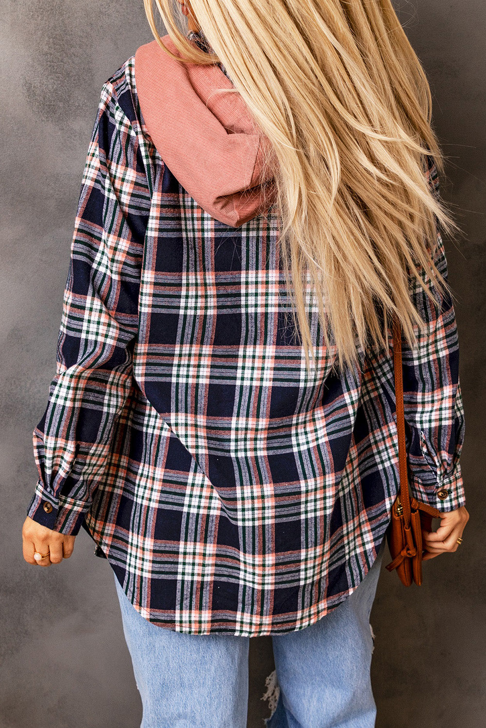 Pink Plaid Contrast Hooded Drawstring Shacket