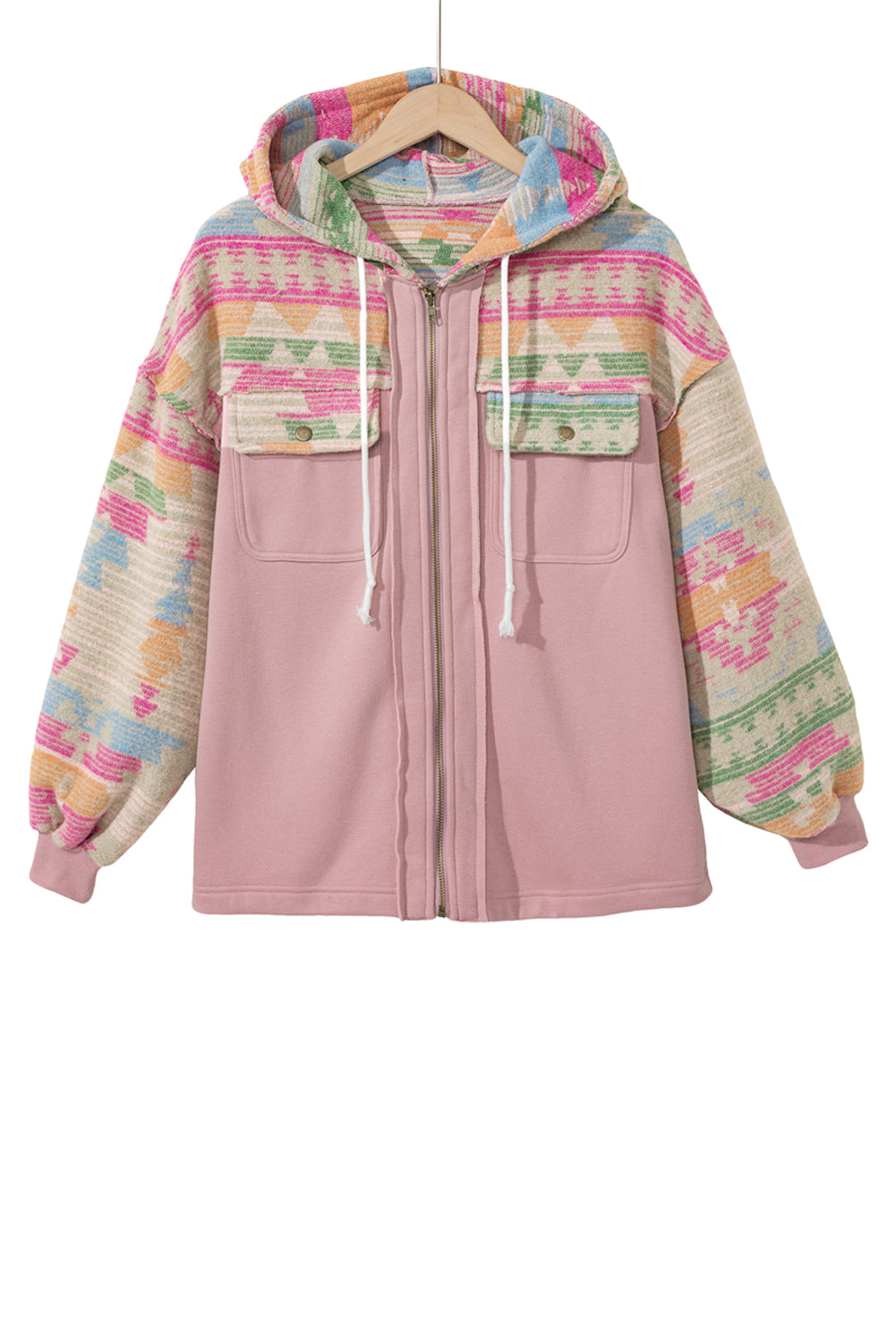 Light Pink Geometric Patchwork Hooded Zip Up Jacket