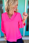 Moonlight Jade Frill V Neckline Puff Sleeve Crinkled Blouse