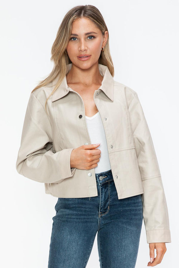 Salvia Ettore Snap Down Long Sleeve PU Leather Jacket