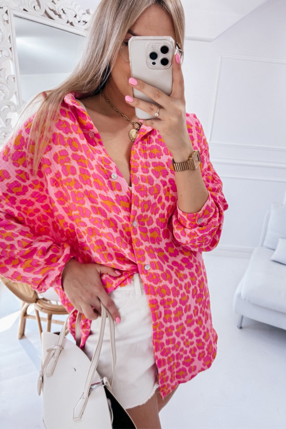 Rose Leopard Print Button-Up Crinkle Shirt