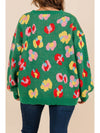 Green Plus Size Floral Knitted Drop Shoulder Sweater