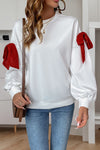 White Bow Knot Long Sleeve Crewneck Casual Sweatshirt