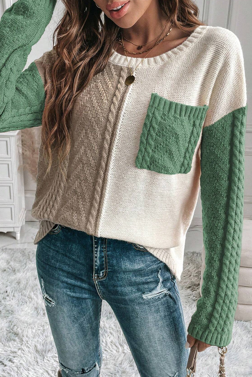 Rose Tan Colorblock Pocket Drop Shoulder Sweater