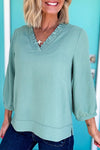 Moonlight Jade Frill V Neckline Puff Sleeve Crinkled Blouse