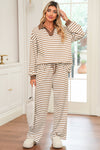Khaki Stripe Textured Collared Pullover Top and Drawstring Pants Set