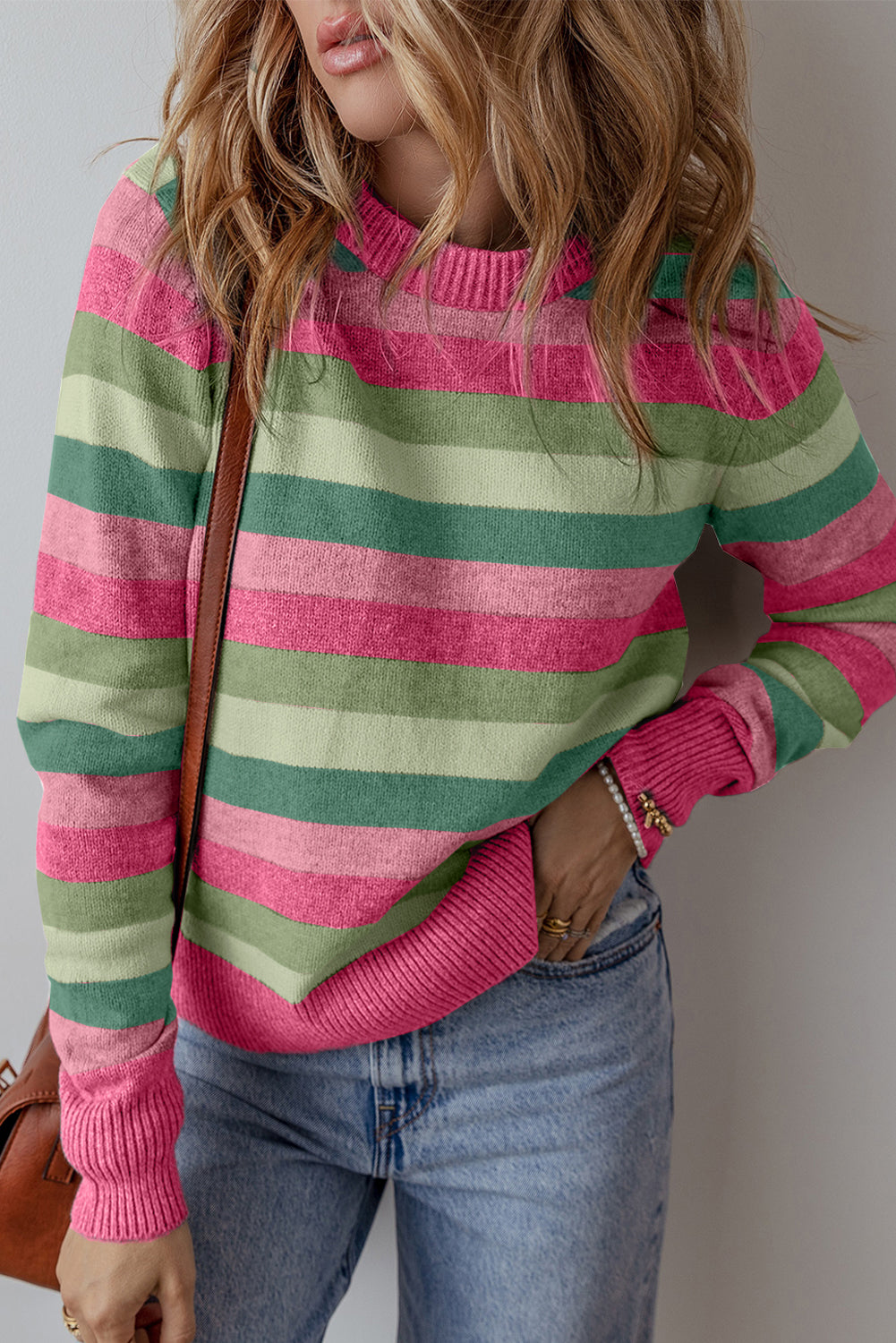 Green Striped Ribbed Edge Round Neck Sweater