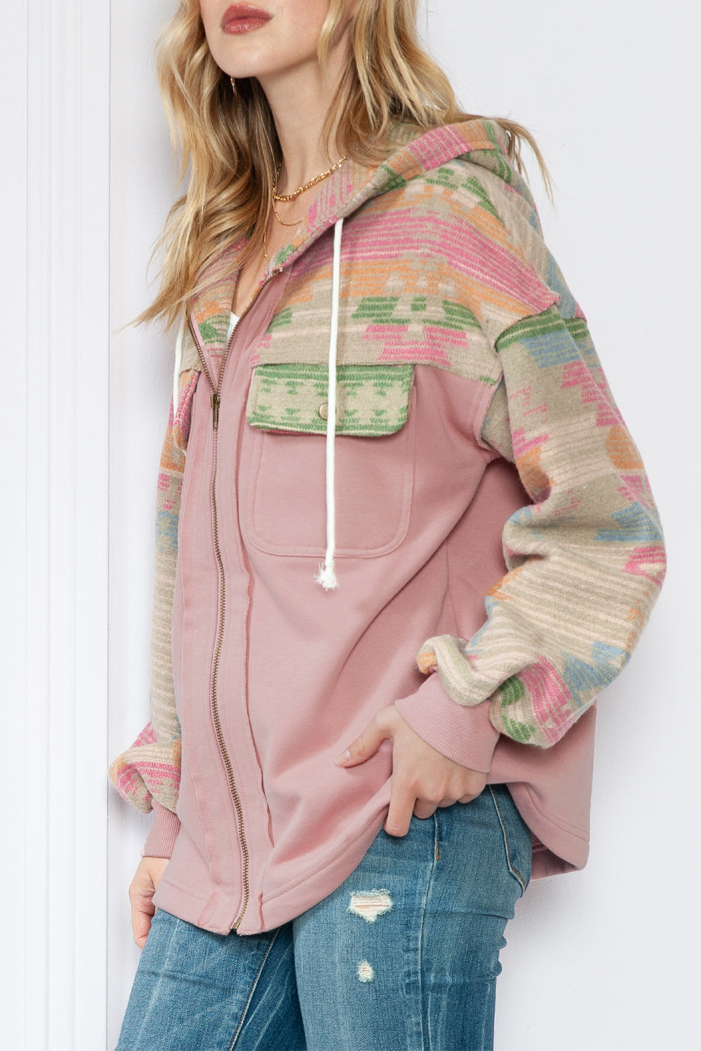 Light Pink Geometric Patchwork Hooded Zip Up Jacket