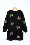 Black Sequin Mardi Gras Bow Graphic Lantern Sleeve Ruffled Hem Mini Dress