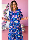 Blue Floral Peasant Sleeve Tiered Ruffle Midi Dress