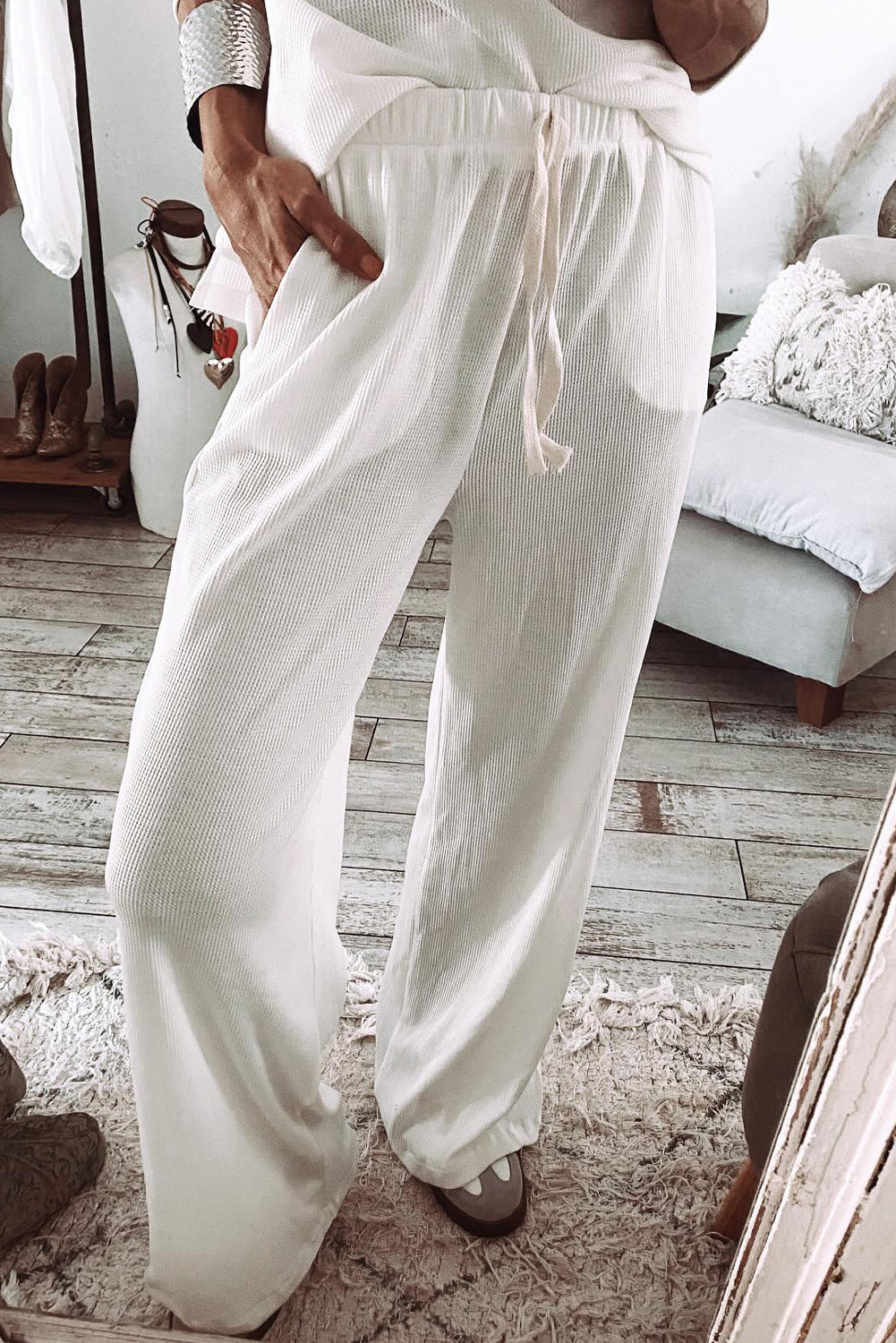 White Textured Long Sleeve T Shirt and Pants Lounge Set