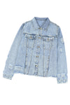 Light Blue Distressed Ripped Raw Hem Buttons Denim Jacket