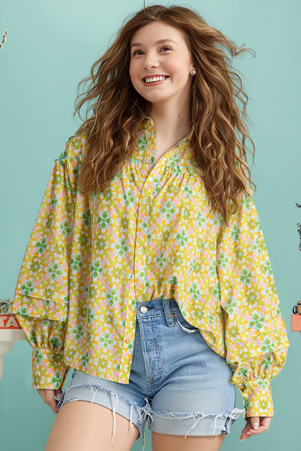 Green Boho Floral Frill Detail Long Sleeve Blouse