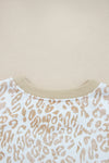 Khaki Ribbed Trim Ruffle Detail Leopard Round Neck Sweatshirt