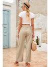 Khaki Drawstring Waist Crinkled Wide Leg Pants