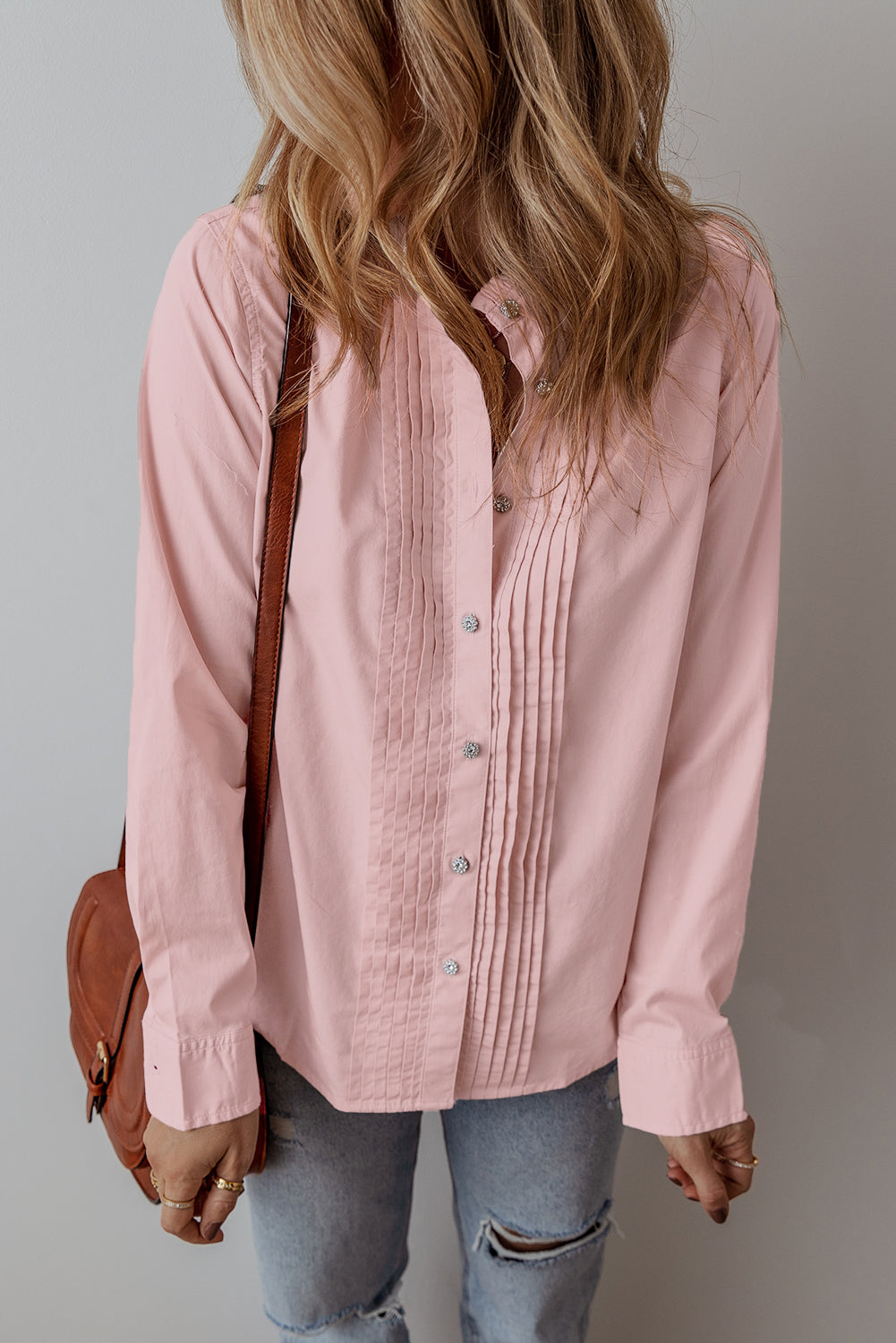 Light Pink Pleated Button-up Plain Shirt