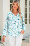 Sky Blue Boho Floral Print Long Sleeve V Neck Blouse