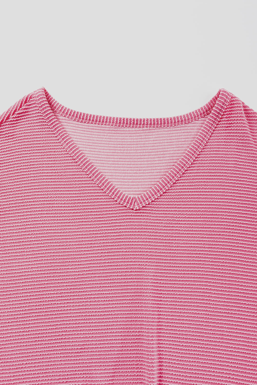 Strawberry Pink Ribbed Striped V Neck Bracelet Sleeve Top