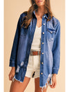 Sky Blue Light Wash Distressed Frayed Long Denim Jacket