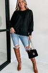 Black Exposed Seam Drop Shoulder Side Slit Sweatshirt