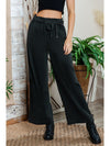 Black Elastic High Waisted Wide Leg Pants with Pockets