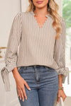 Straw Yellow Striped Frill V Neck Knot Bracelet Sleeve Blouse