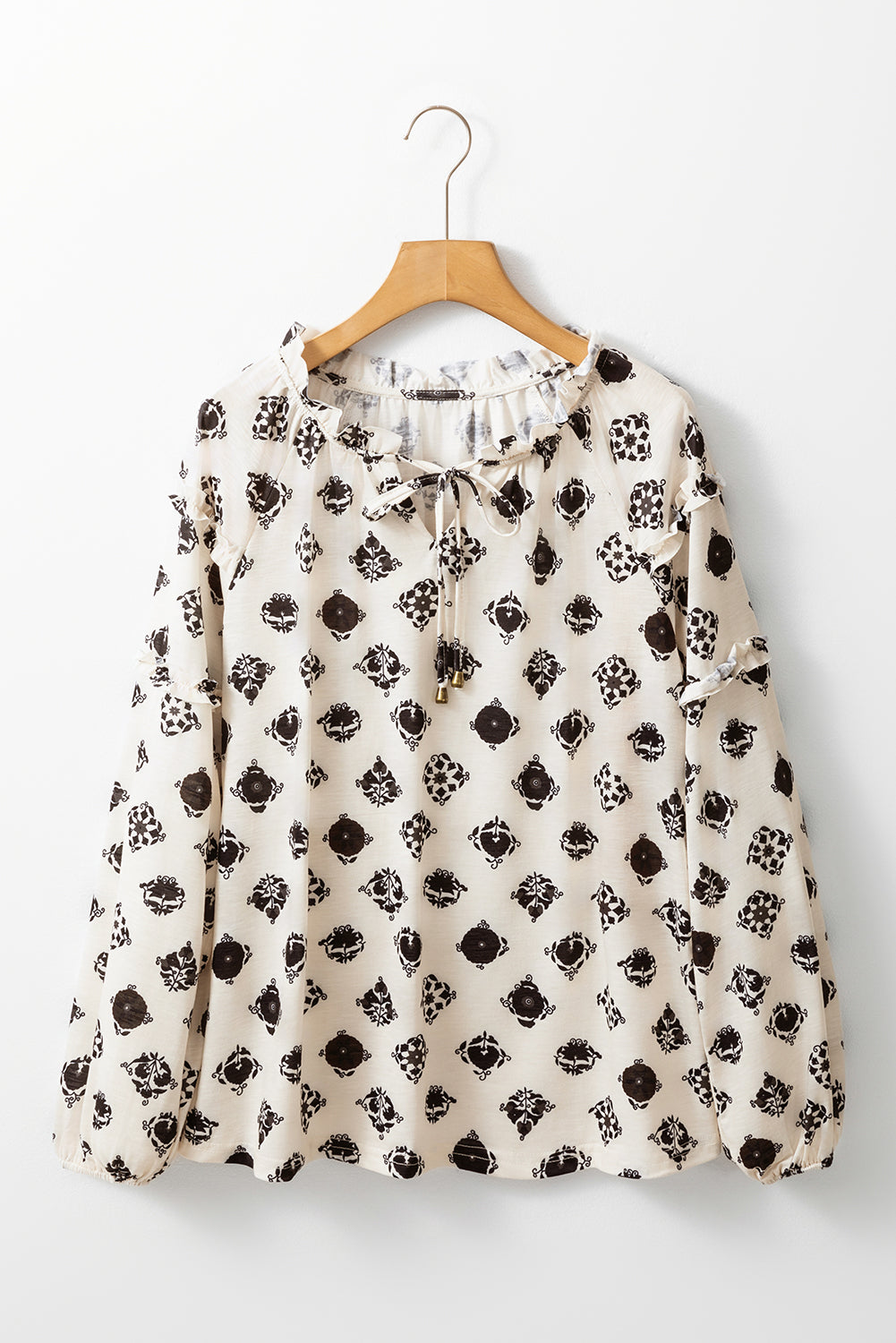 White Flower Print Split Neck Bubble Sleeve Loose Blouse