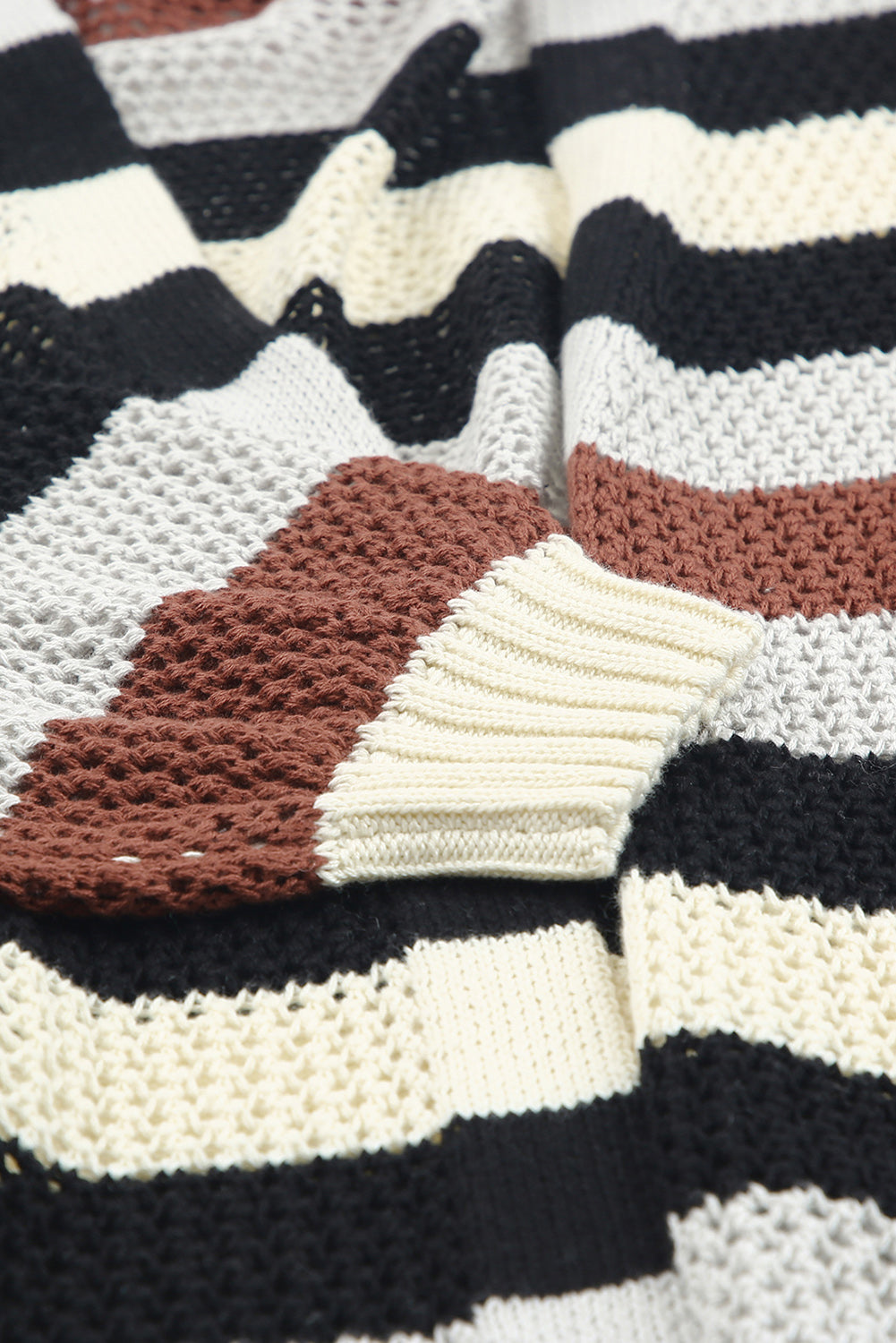 Black Striped Color Block Casual Hollow Cable Knit Cardigan